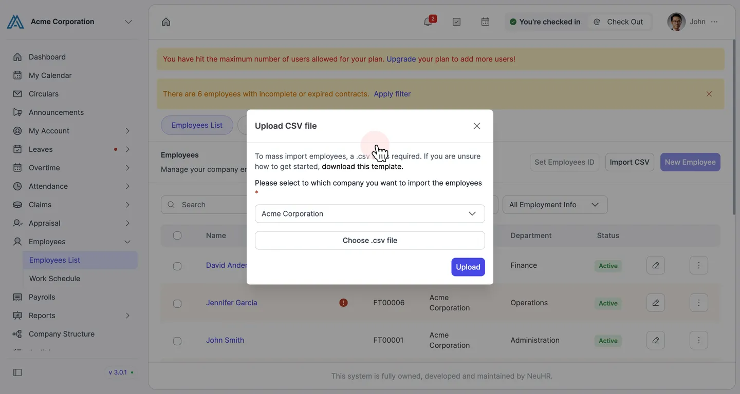 Upload CSV file dialog with download this template link highlighted