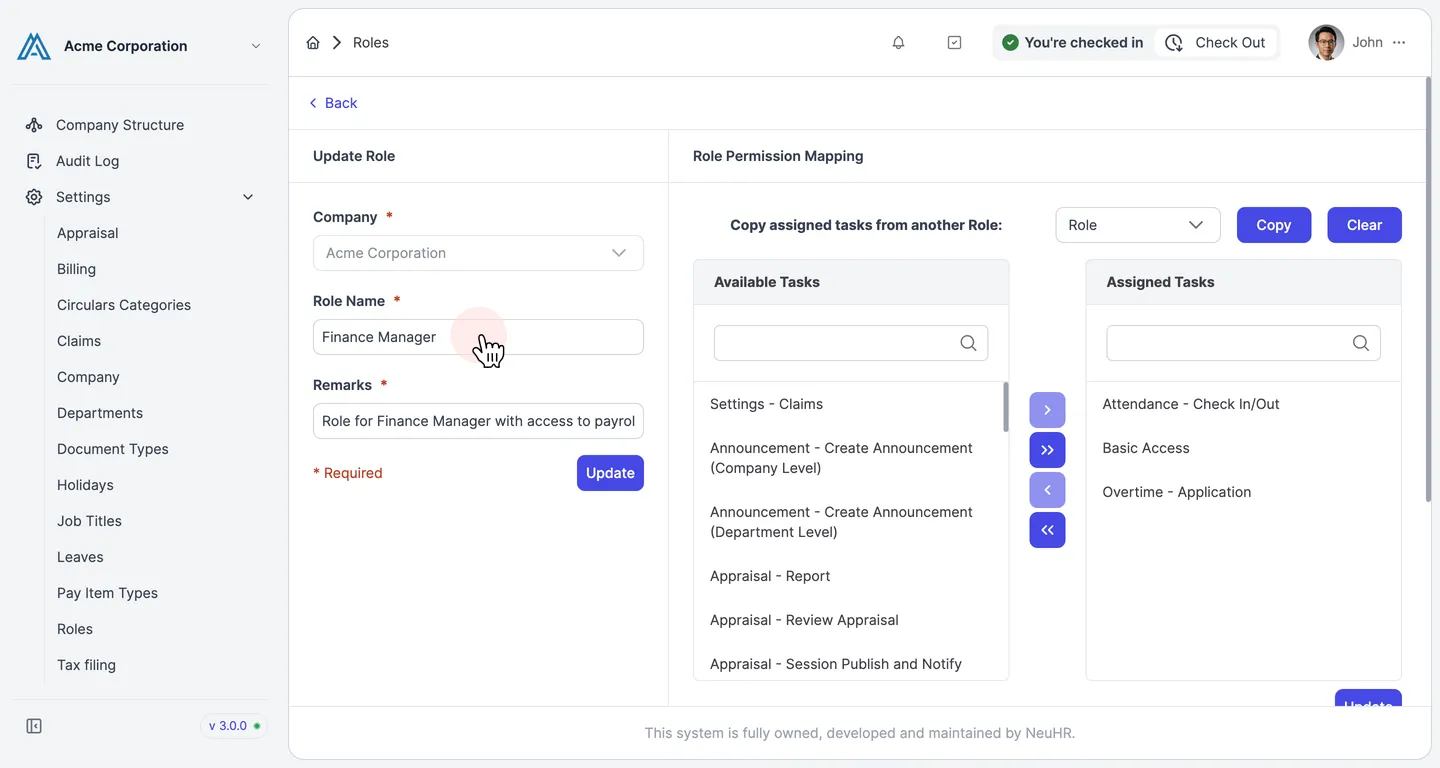 Update Role form with pre-filled fields
