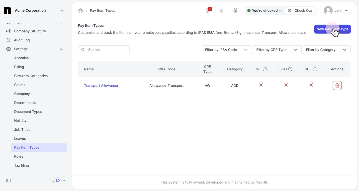 Click the New Pay Item Type button