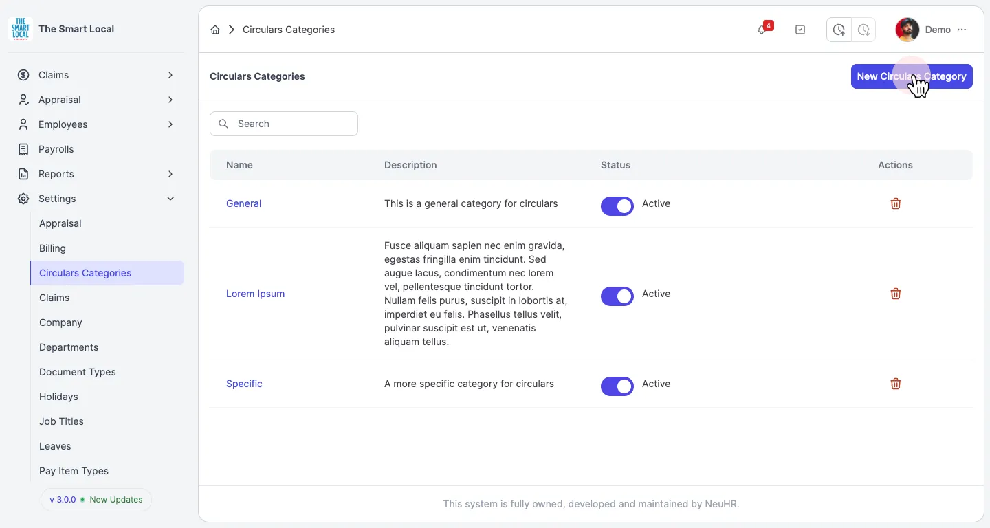 Circulars Categories page