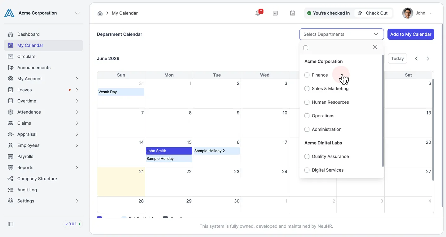 Select departments from dropdown