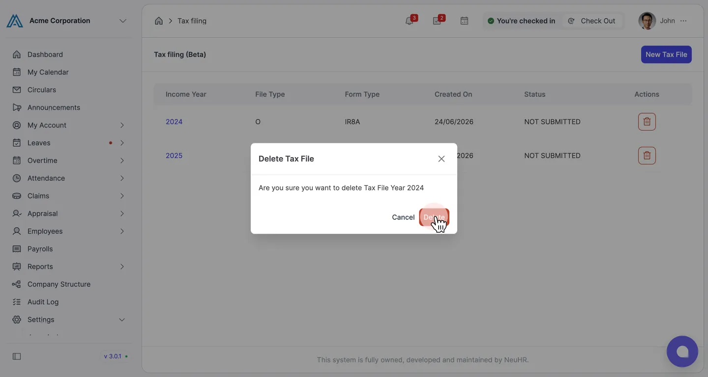 Delete Tax File confirmation dialog