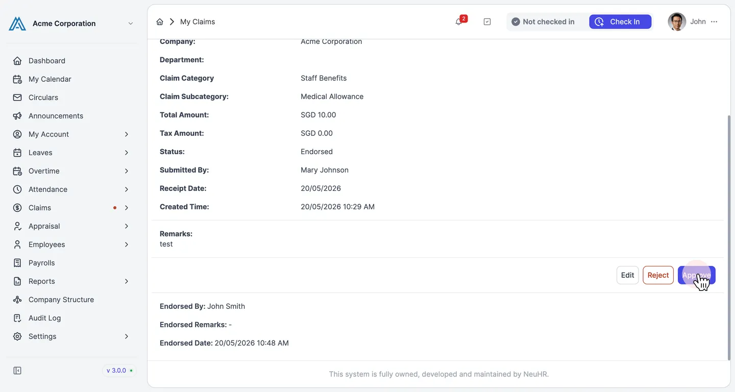 Claim detail page showing the Approve button