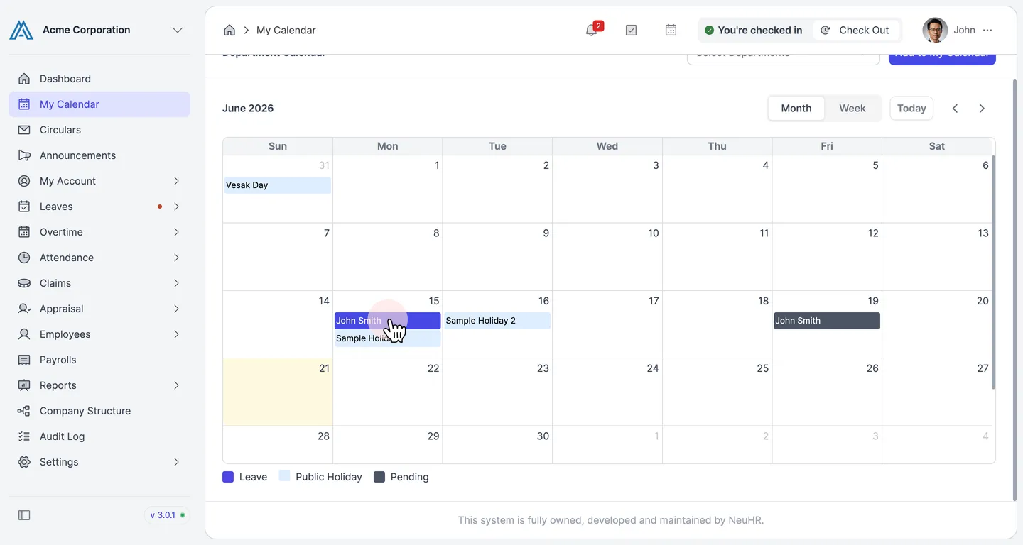 View leave events in the calendar