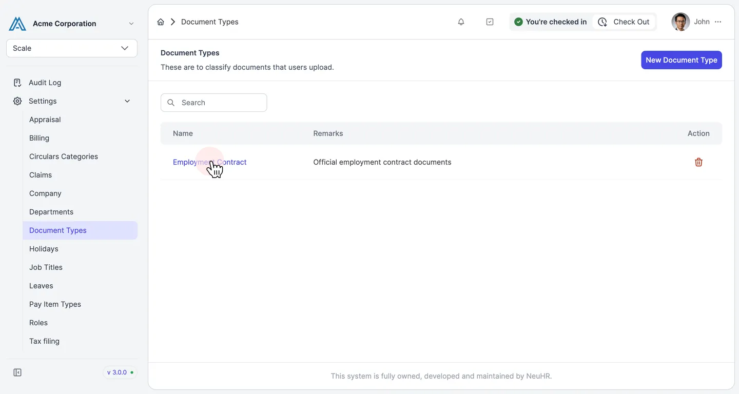 Document Types listing with a clickable document type name