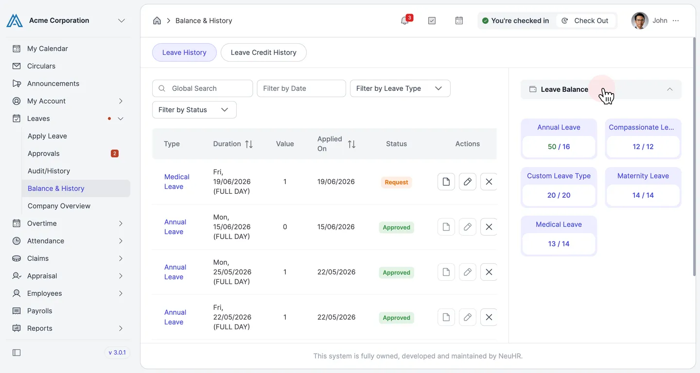 Balance & History page