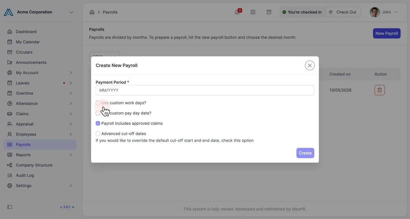 Create New Payroll dialog with "Use custom work days?" checkbox unchecked