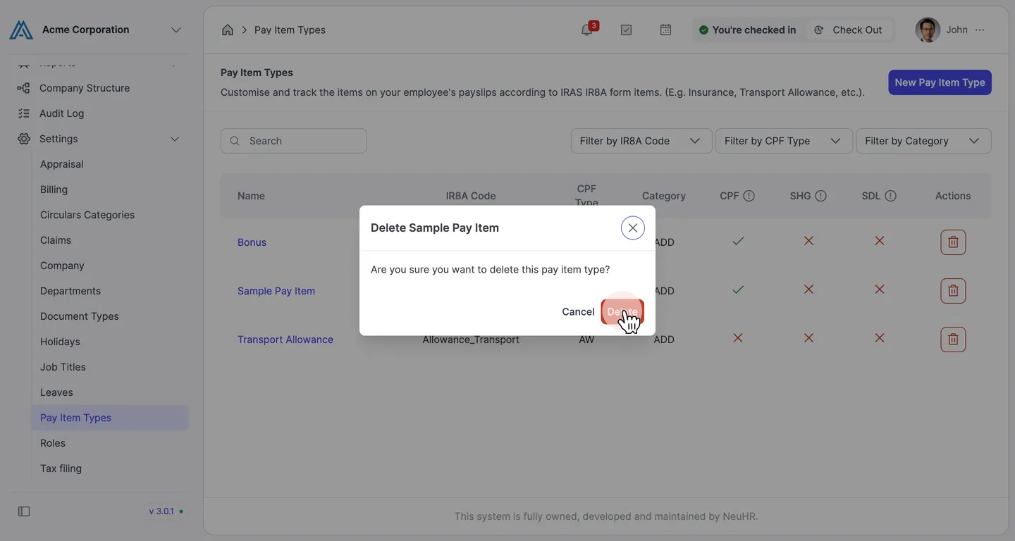 The Delete Sample Pay Item confirmation dialog with the Delete button highlighted