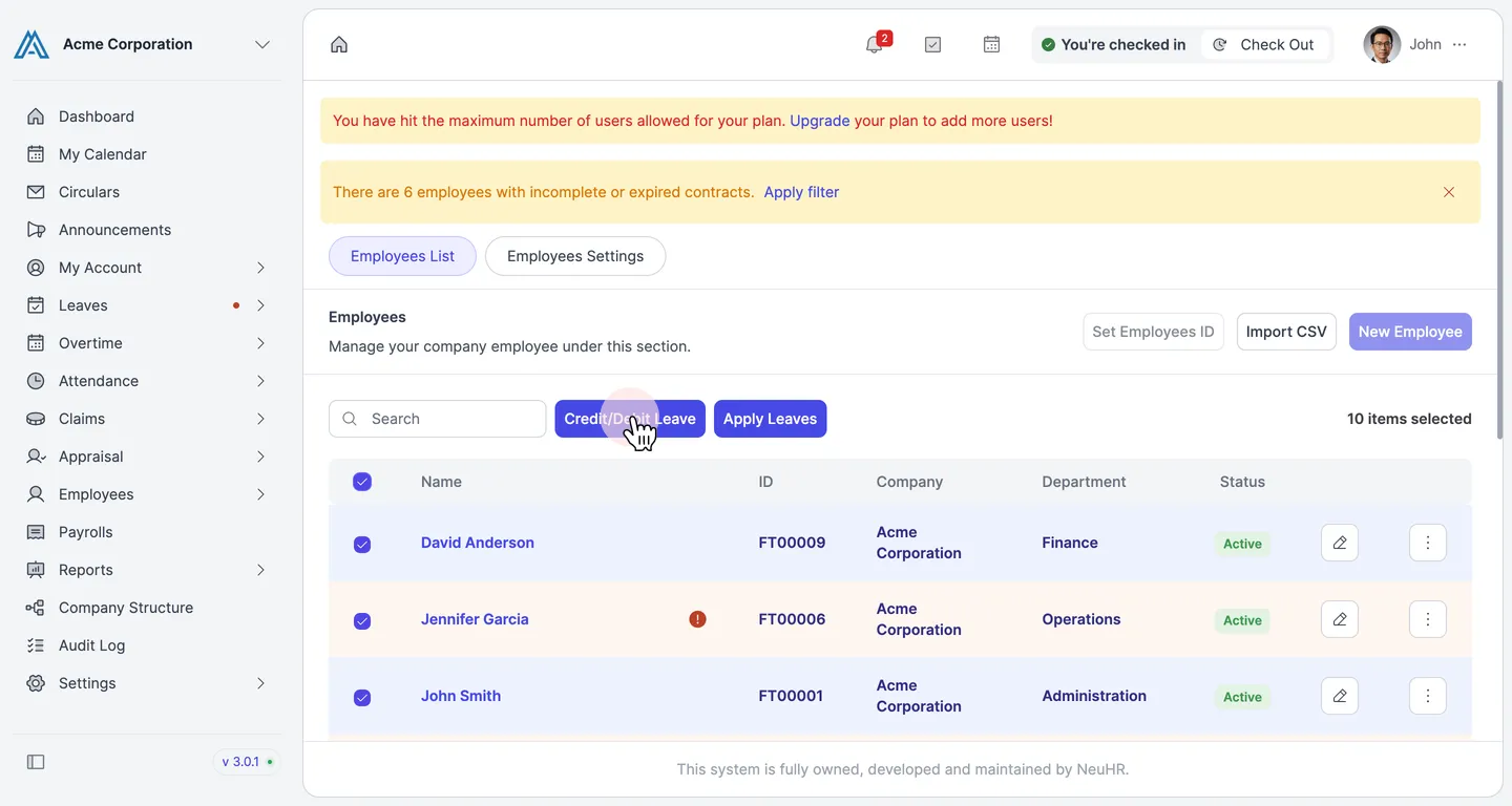 Employees List with all employees selected and Credit/Debit Leave button visible