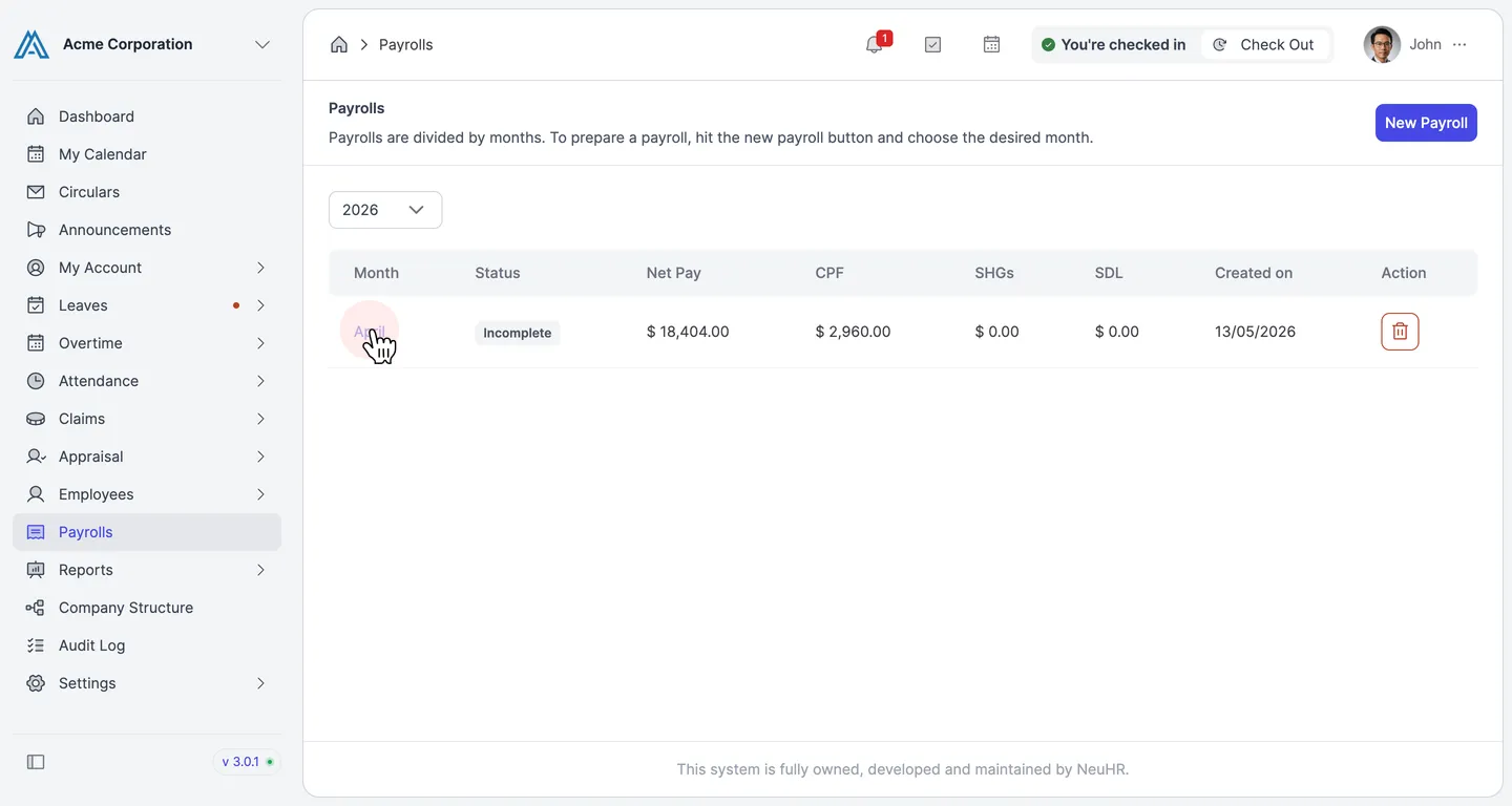 Click the payroll month link