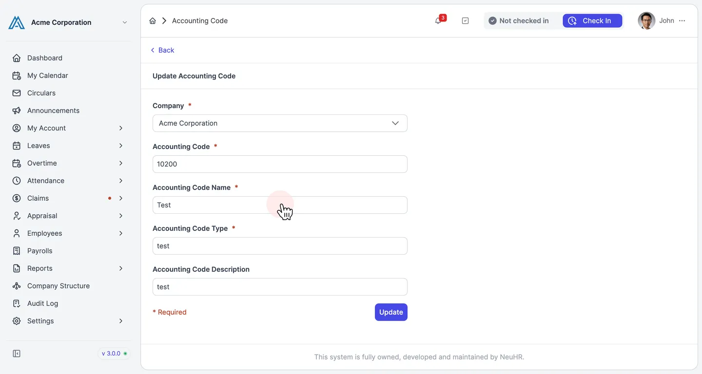 Step 2 – Update Accounting Code form
