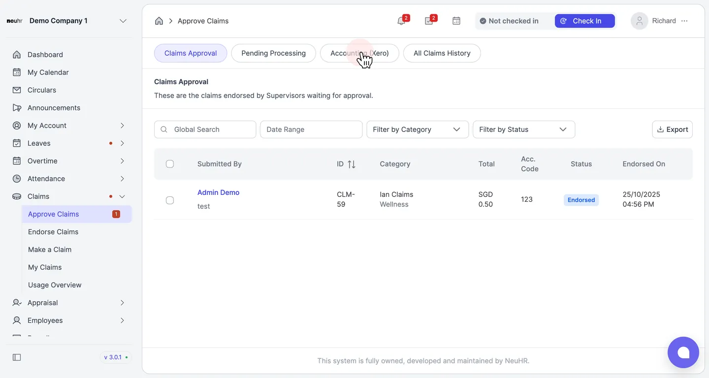 Click Accounting Xero tab