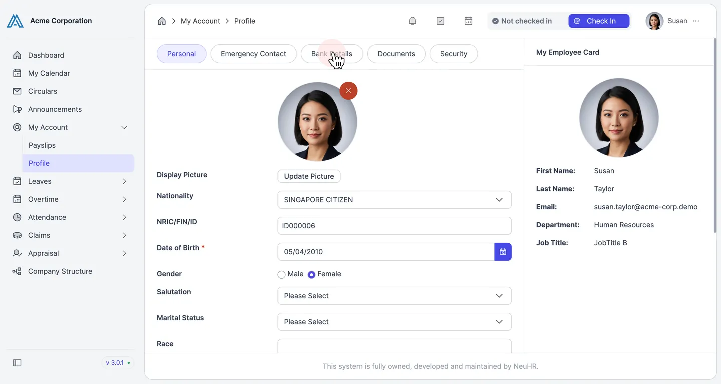Click Bank Details tab