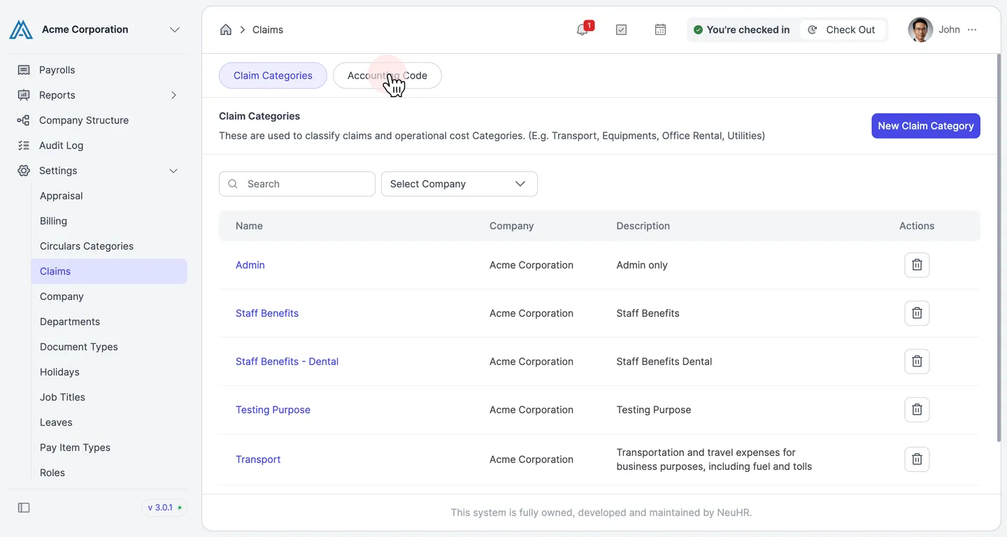 Click the Accounting Code tab