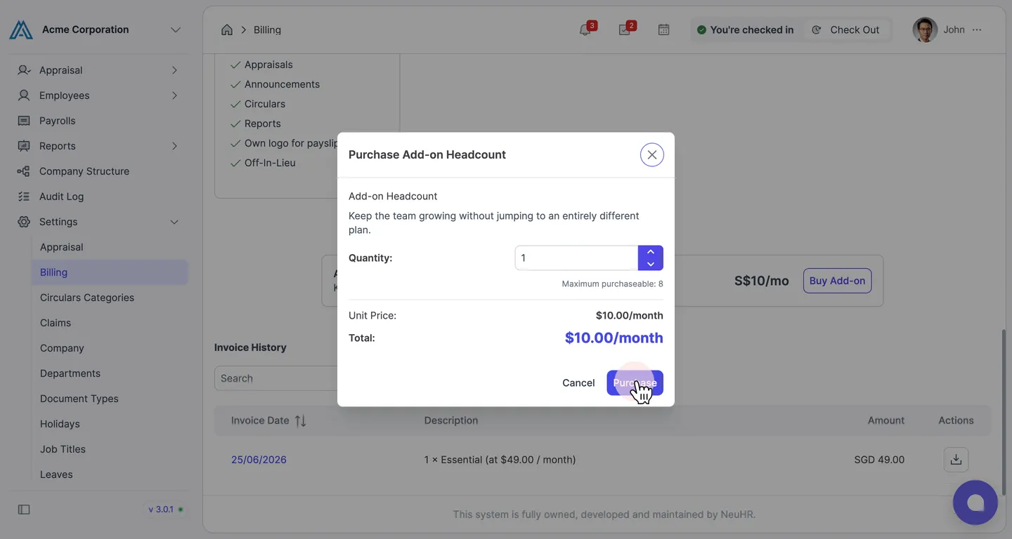 Purchase Add-on Headcount modal