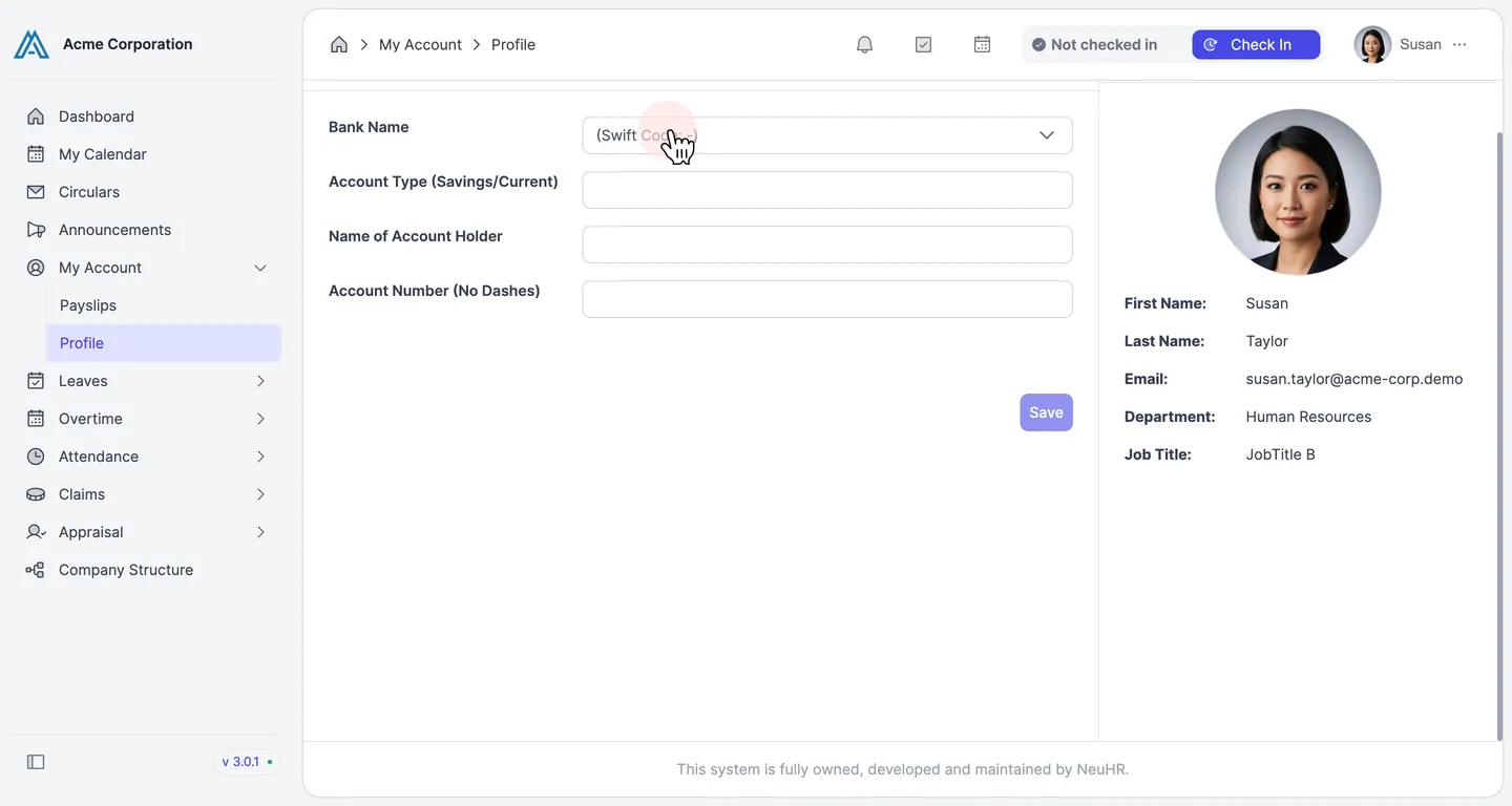 Click Bank Name dropdown