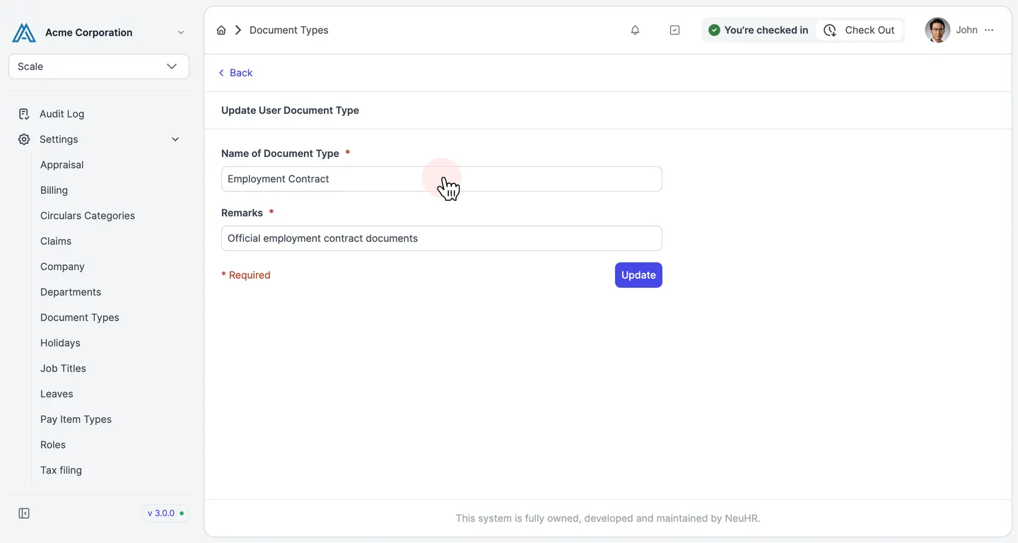 Update User Document Type form with pre-filled fields