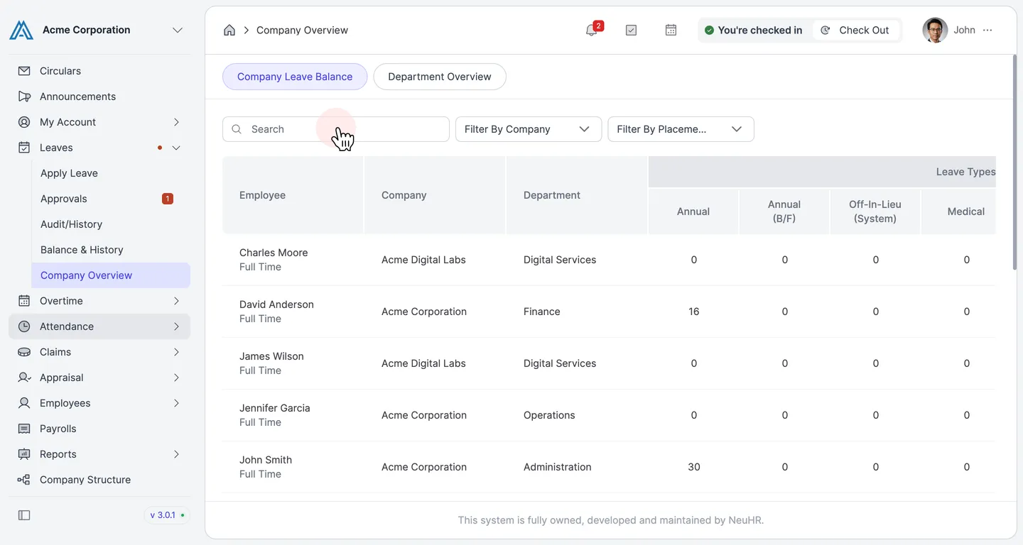Use the Search box to filter by employee name