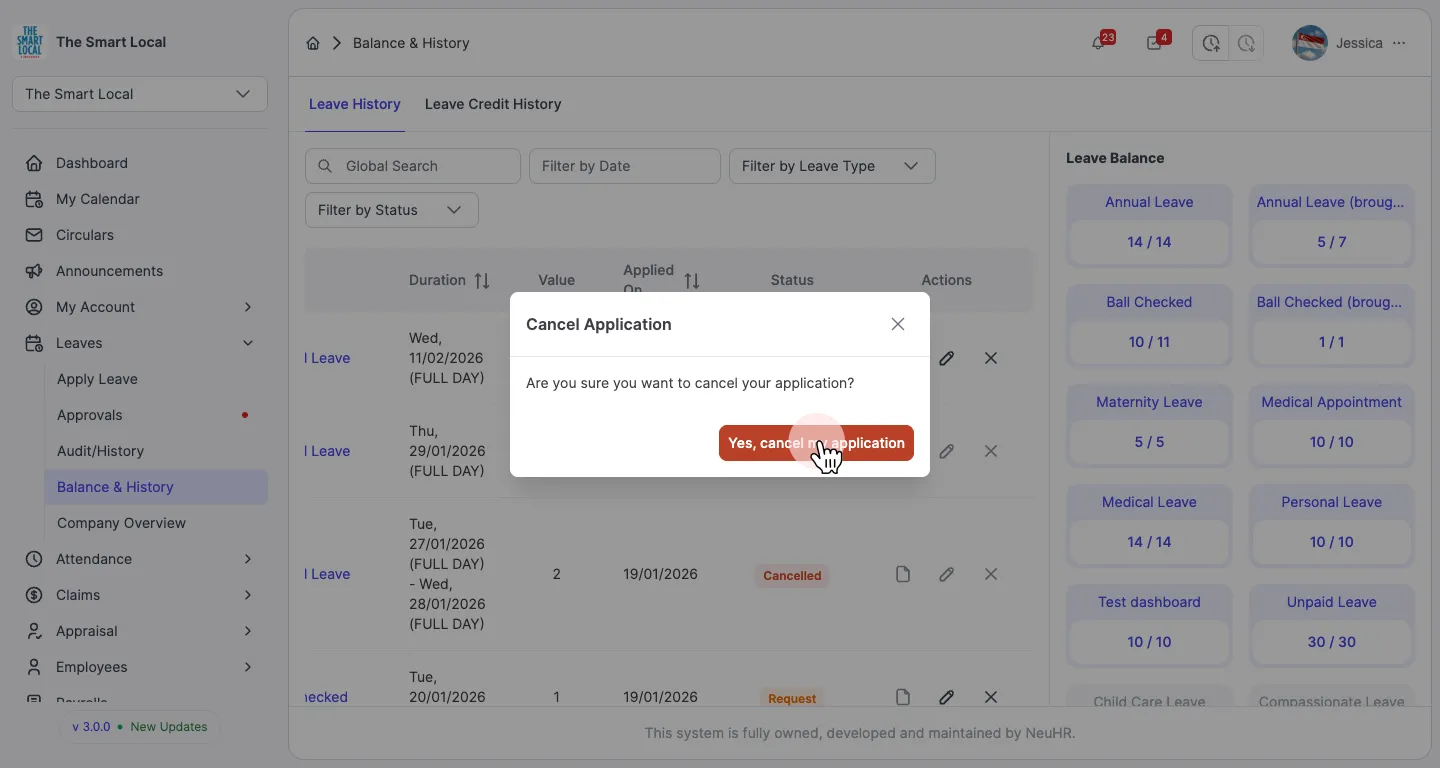 Confirmation dialog for cancelling leave