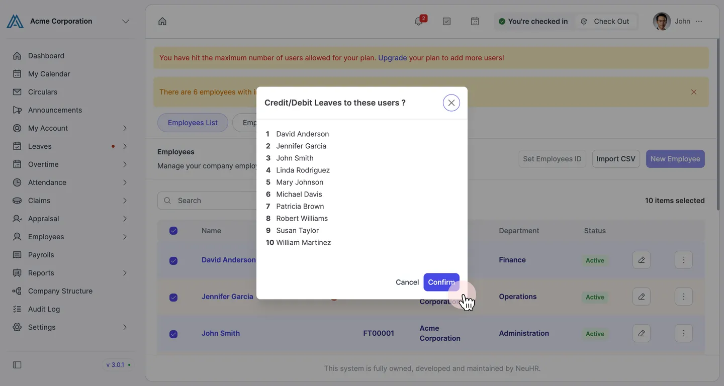 Credit/Debit Leaves to these users dialog with Confirm button