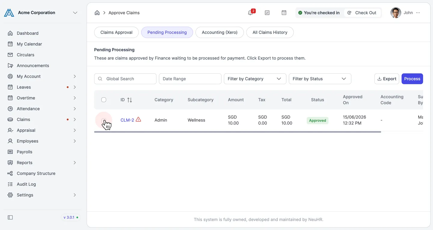 Select claims using the checkboxes