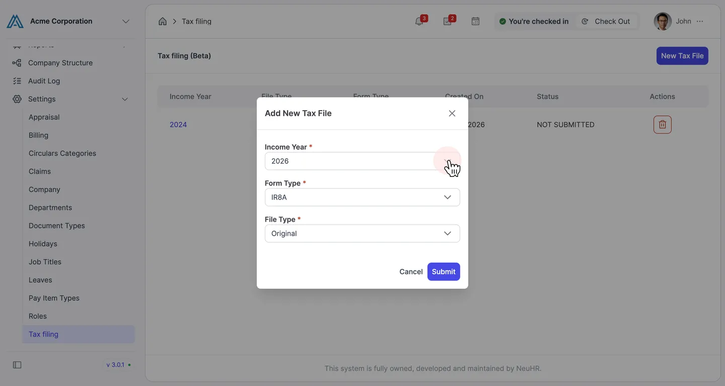 Add New Tax File dialog