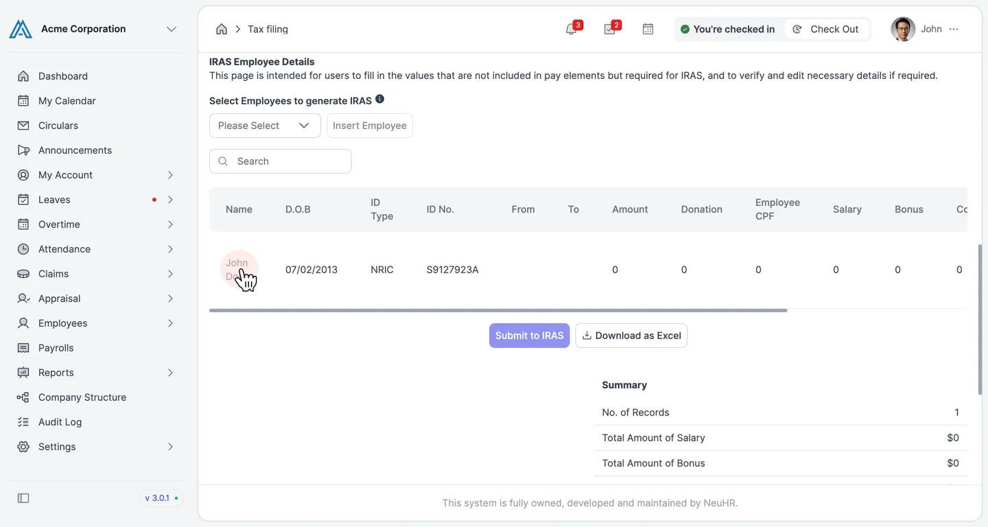 IRAS Employee Details section with employee table