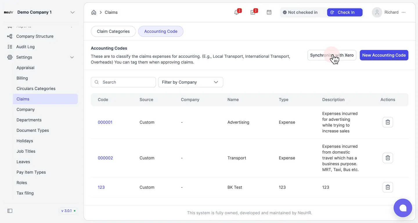 Click Synchronize with Xero