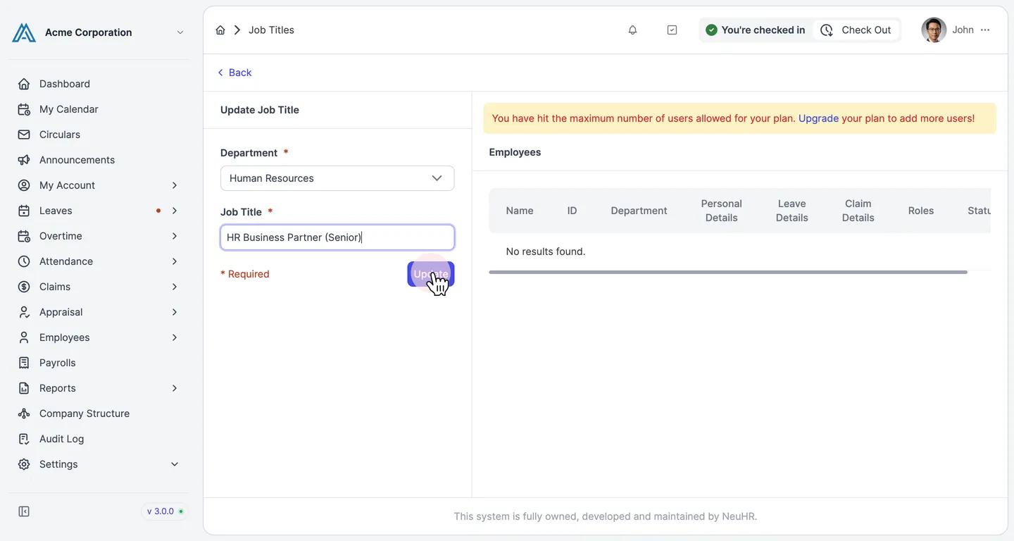 Edited Update Job Title form with Update button highlighted