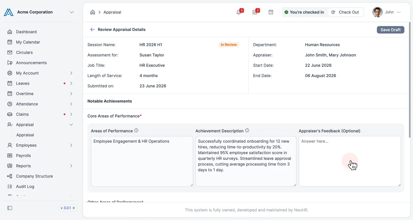 Notable Achievements review form