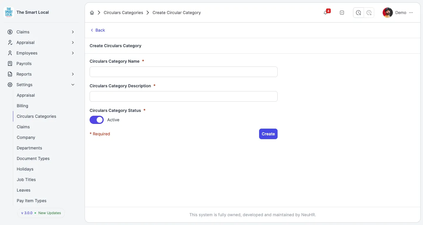 Create Circulars Category form