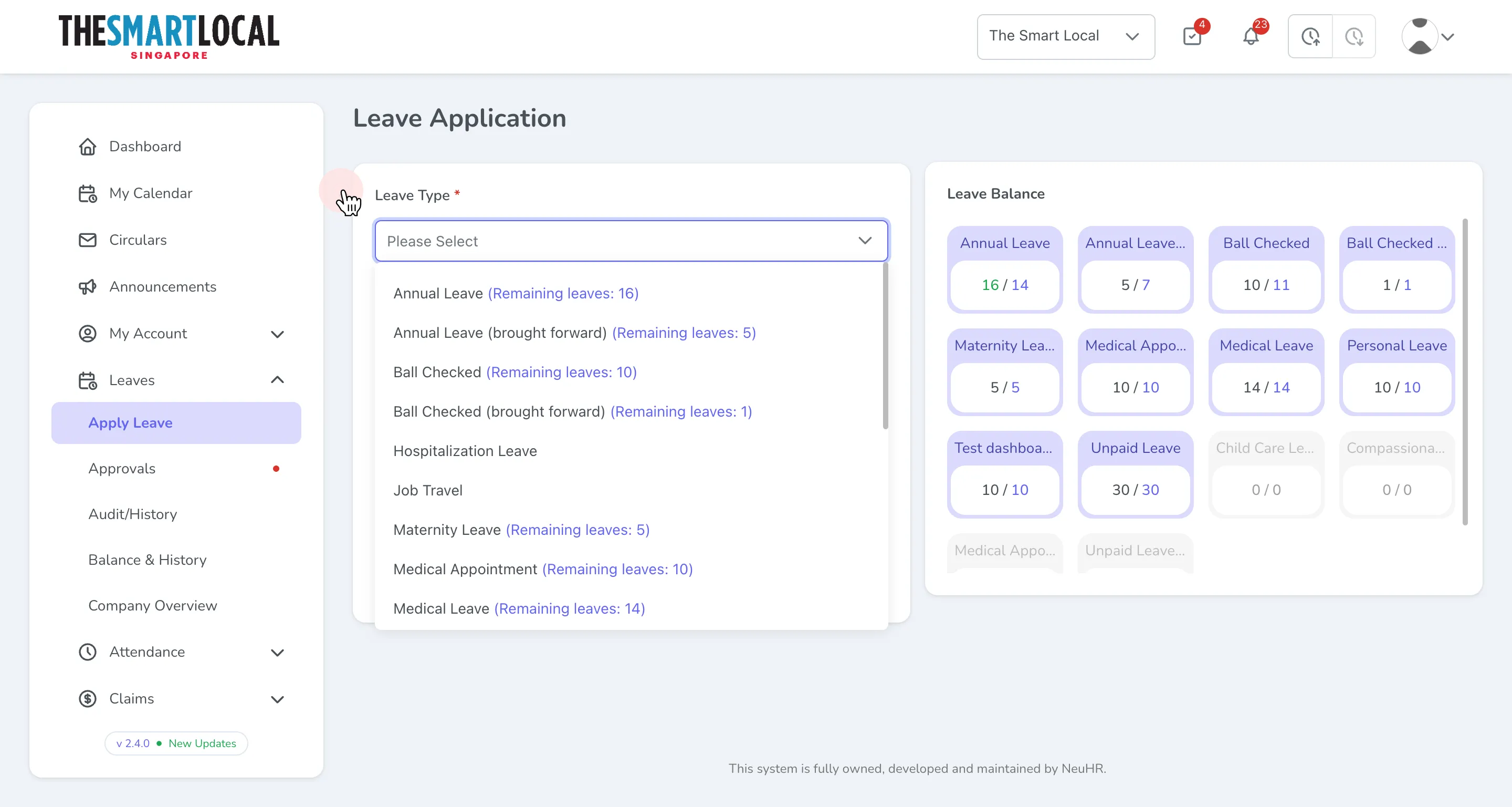 Select leave type dropdown