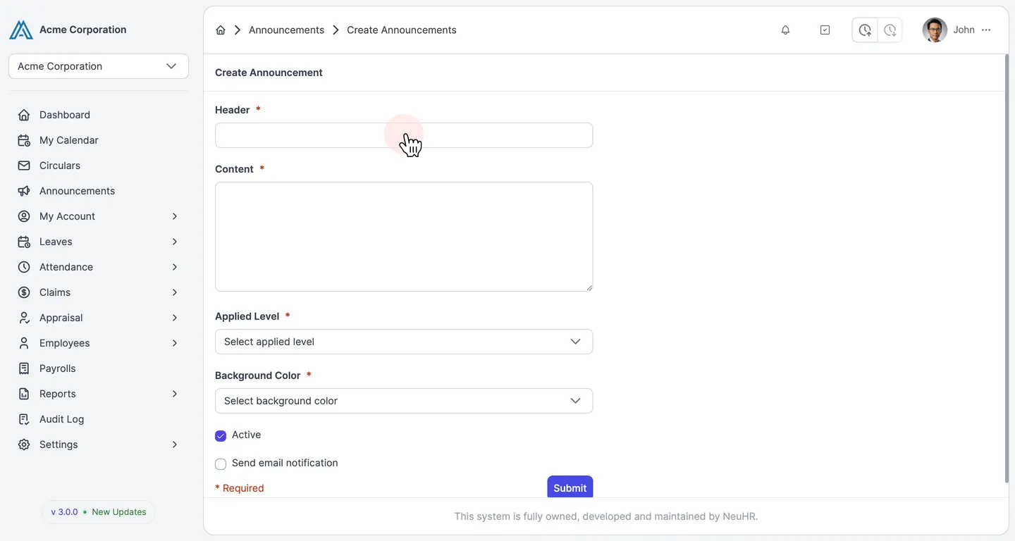 Fill Announcement Form