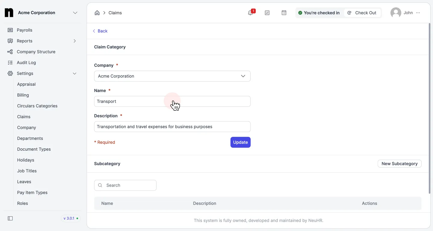Claim category update form