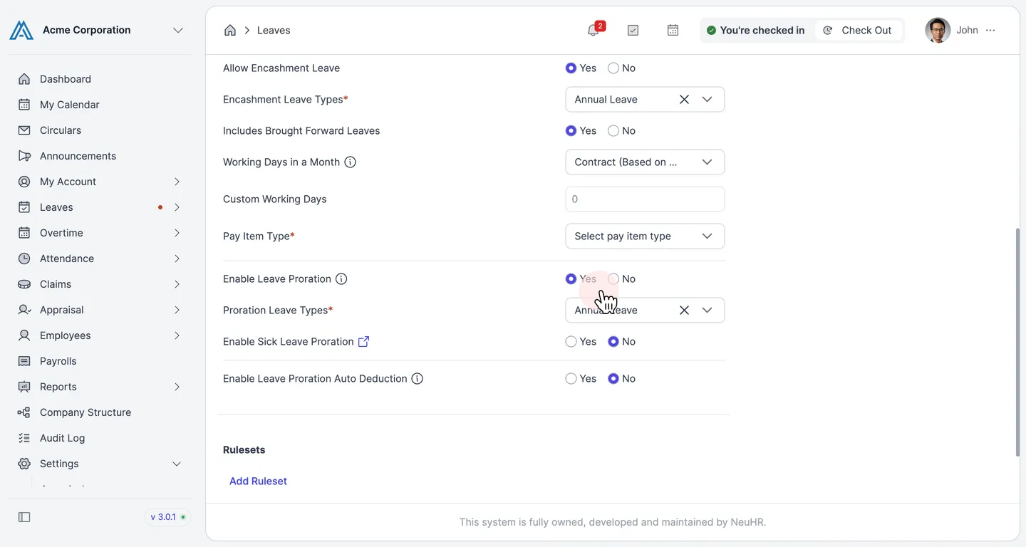Leave Settings showing Enable Leave Proration set to Yes with Proration Leave Types and related options