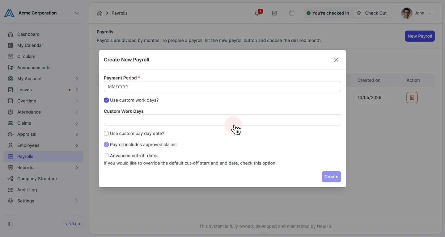 Create New Payroll dialog with "Use custom work days?" checked, showing the Custom Work Days input field