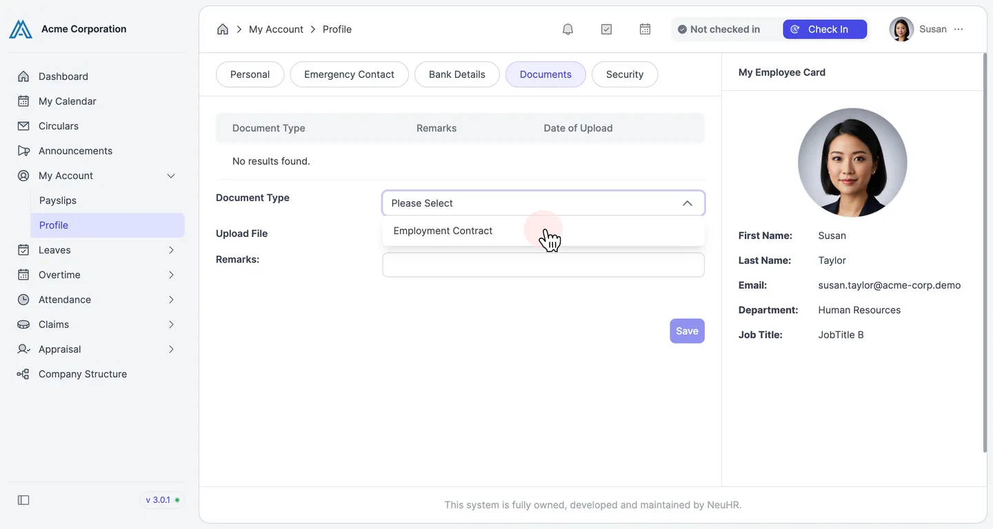 Select Employment Contract from the dropdown