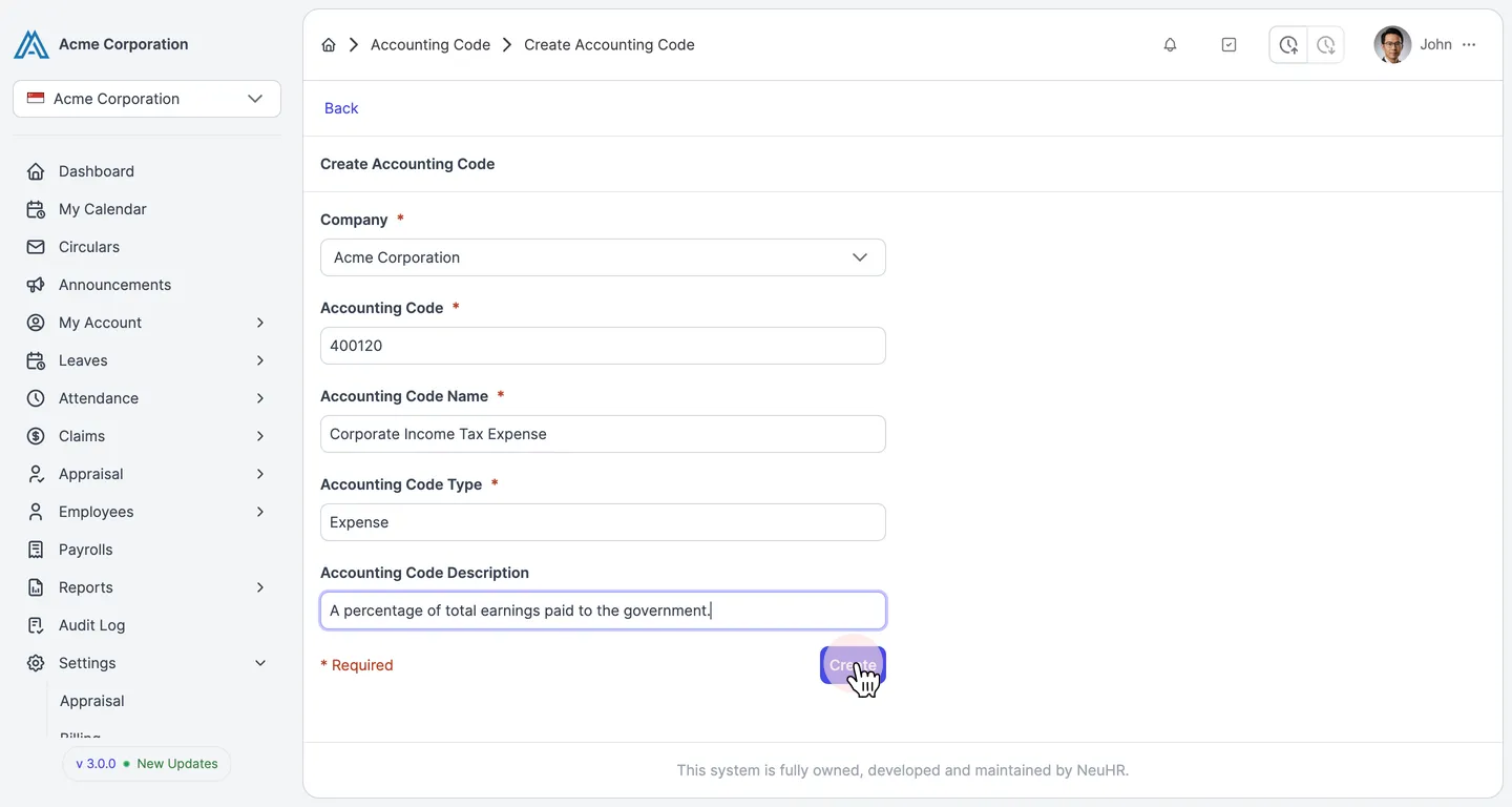 Fill in accounting code details and click Create