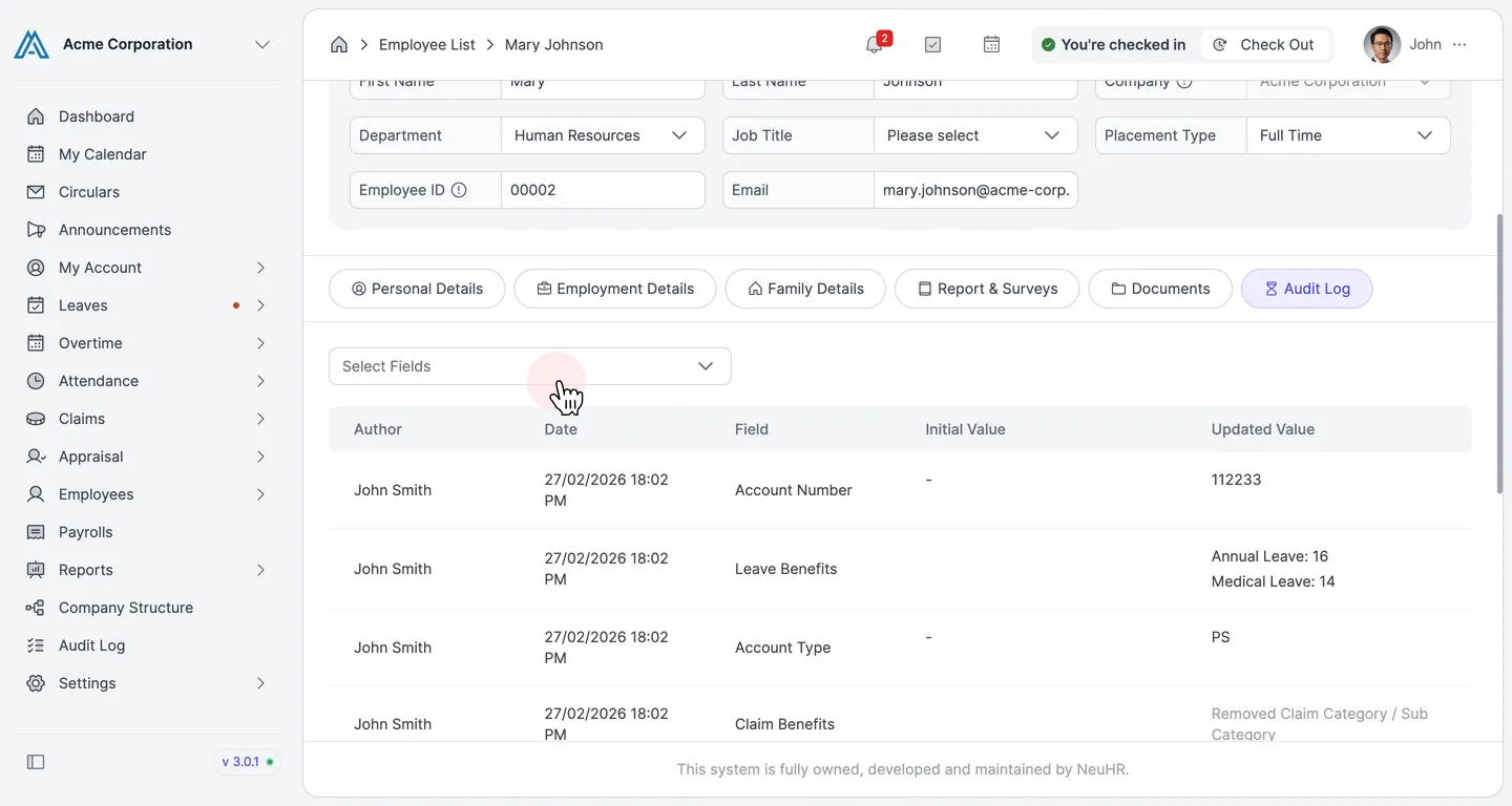 Audit Log tab with Select Fields filter and log entries
