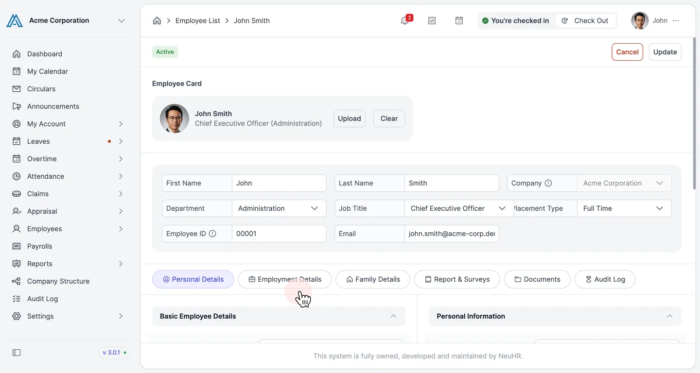 Edit mode showing Employment Details tab