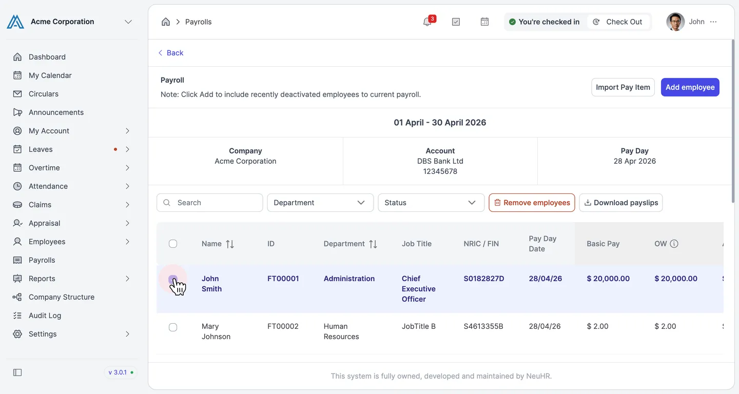 Employee selected with checkbox