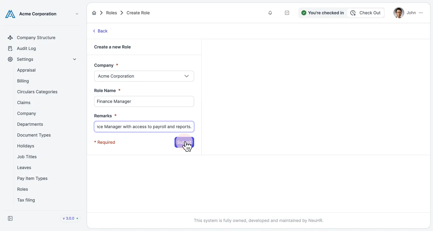 Filled Create a new Role form with Submit button