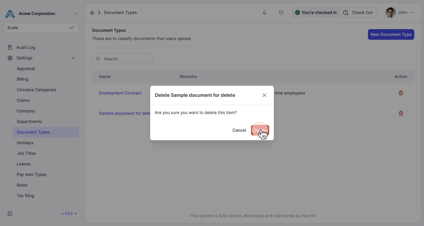 Delete confirmation dialog with Delete and Cancel buttons