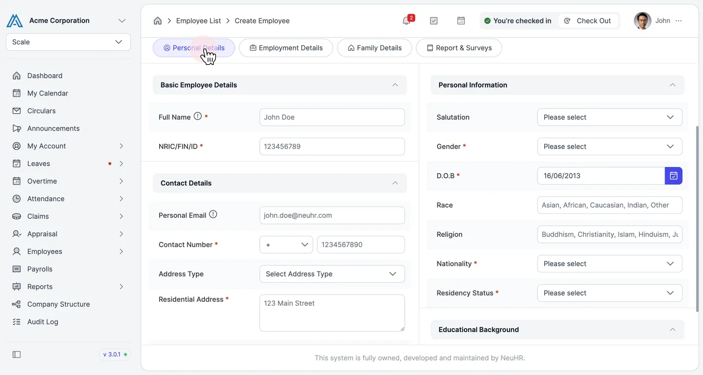 Personal Details tab showing Basic Employee Details, Contact Details and Personal Information sections