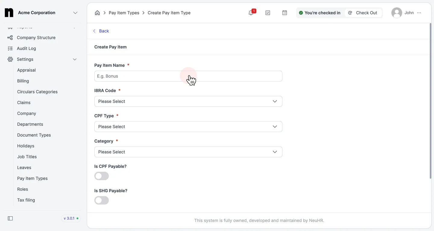 Fill in the Create Pay Item form