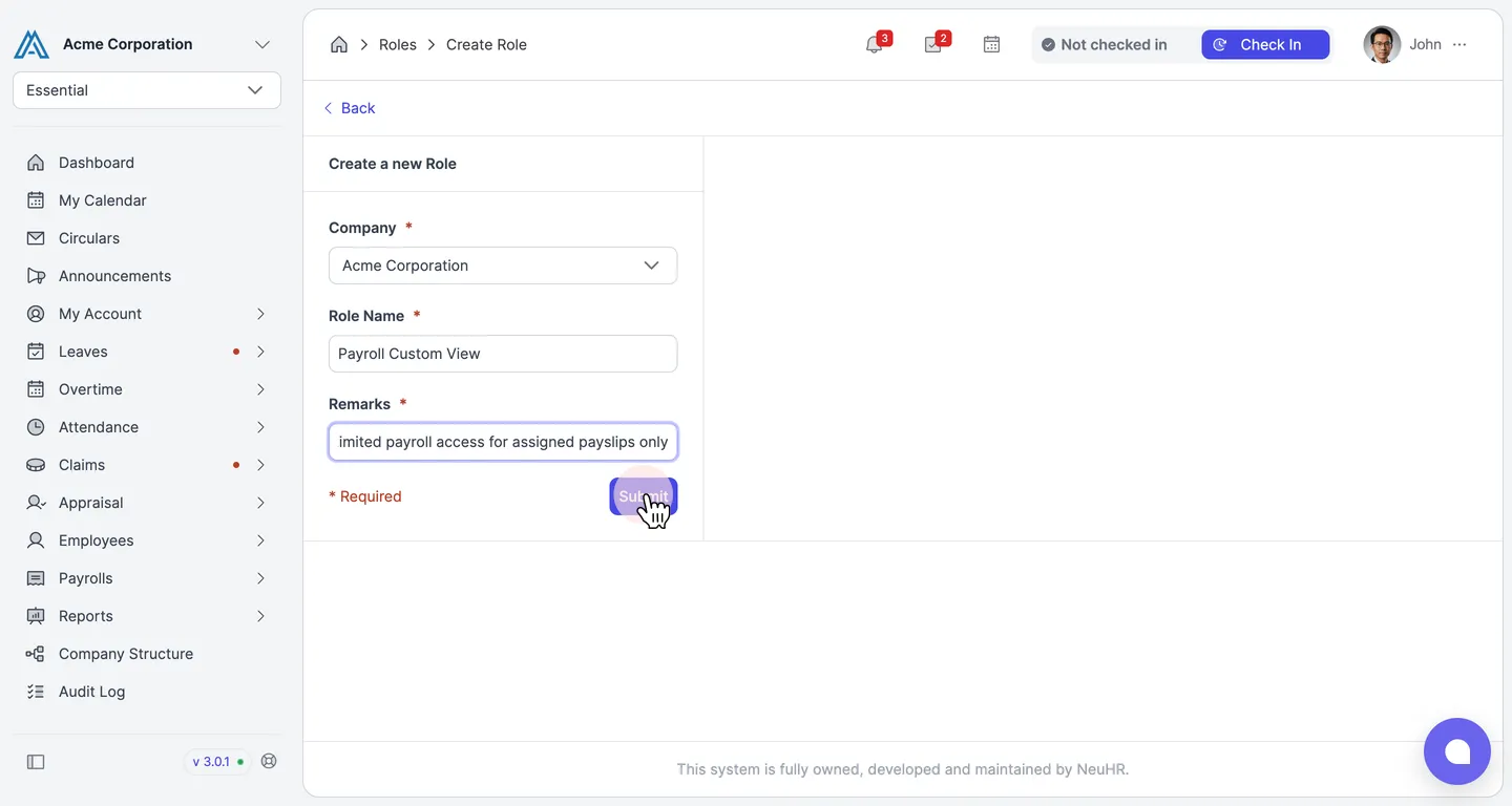Create a new Role form filled in