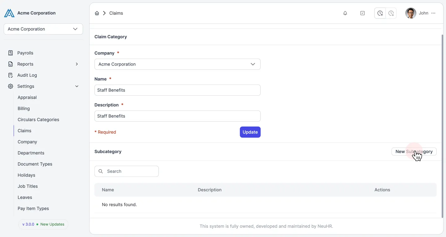 Configure subcategory options