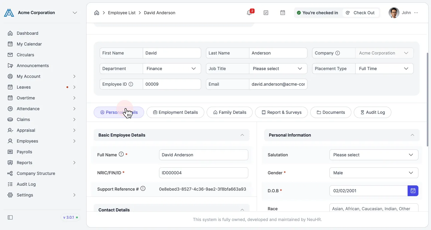 Update Employee form showing Personal Details tab content