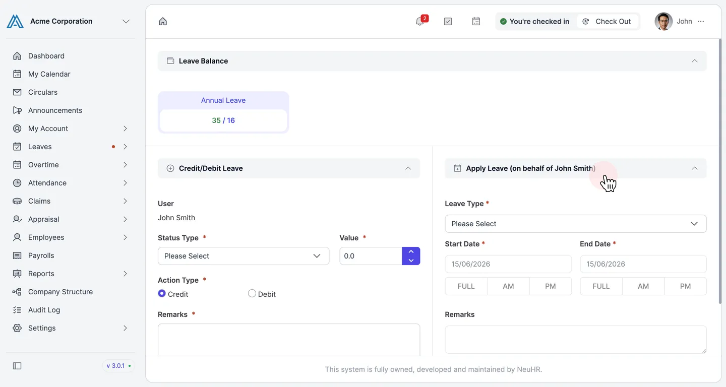 Leave Credit Status page with Apply Leave panel highlighted