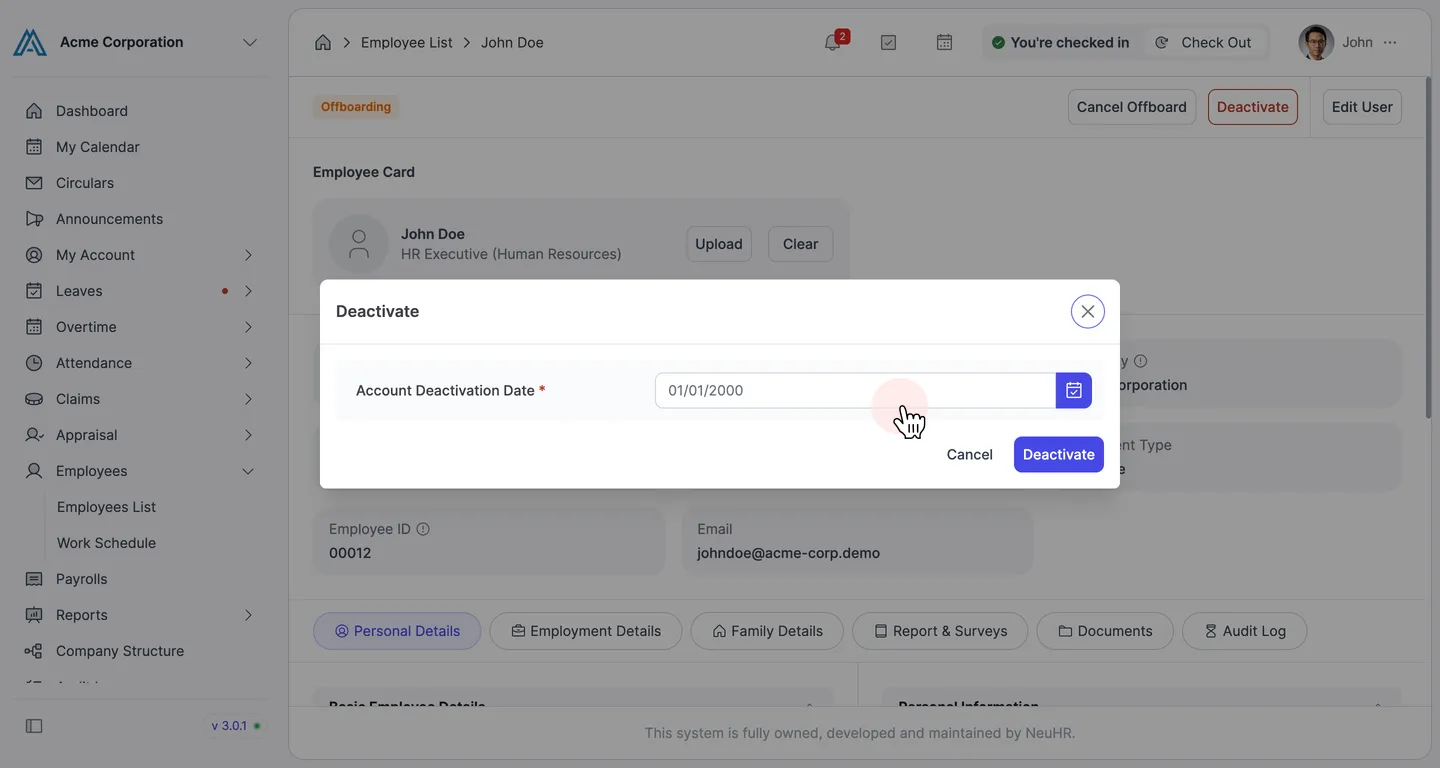 Deactivate dialog with pointer on the Account Deactivation Date field